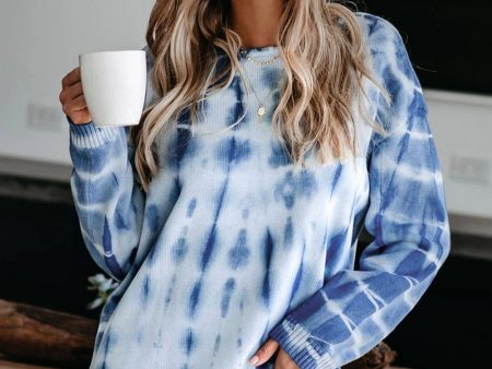 Blue White Tie-dye Print Knit Sweater Fashion