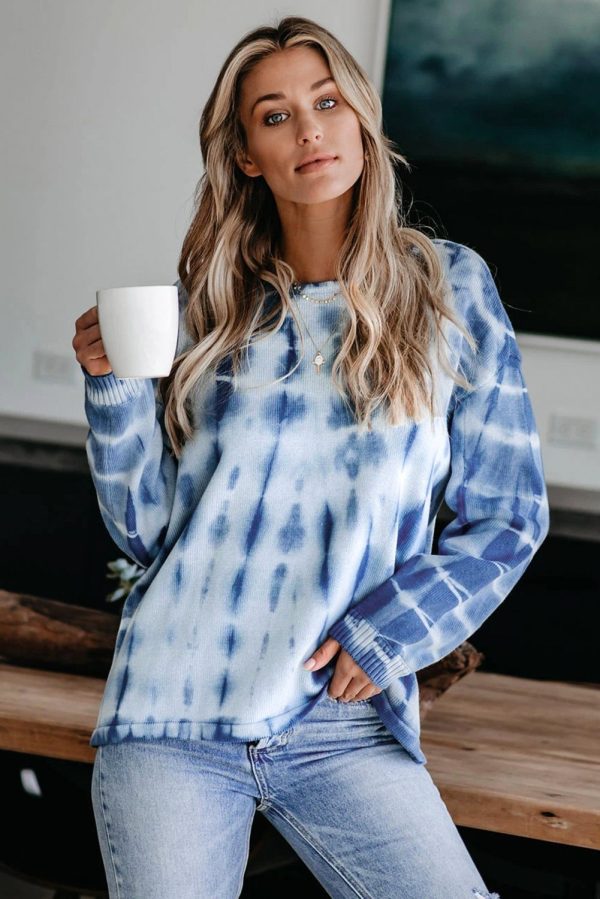 Blue White Tie-dye Print Knit Sweater Fashion