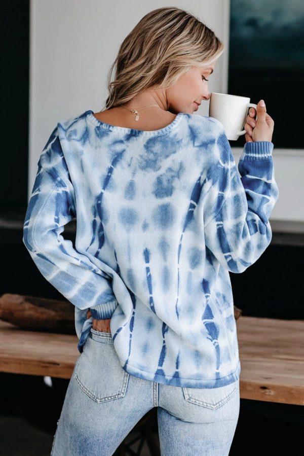 Blue White Tie-dye Print Knit Sweater Fashion