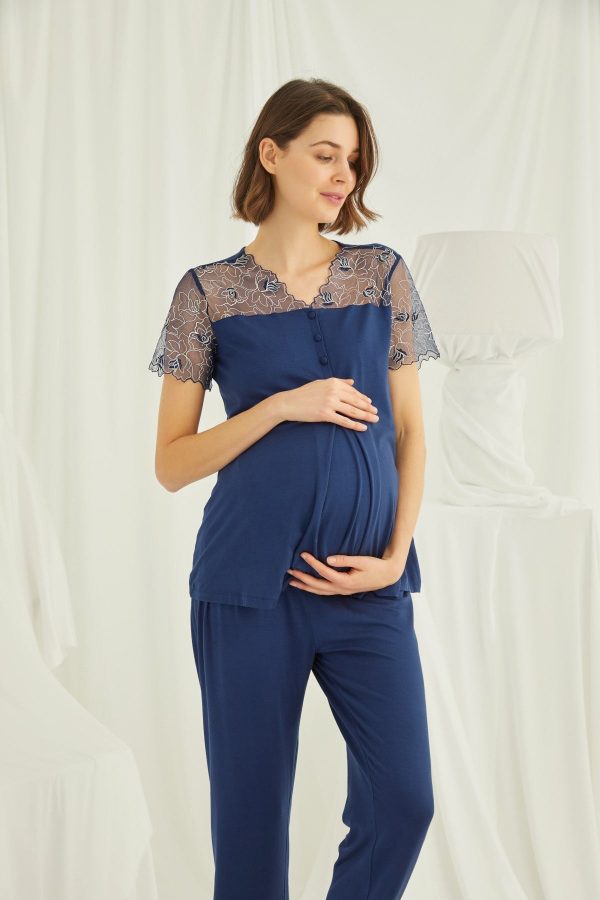 Shopymommy 19298 Lace Maternity & Nursing Pajamas Navy Blue Hot on Sale