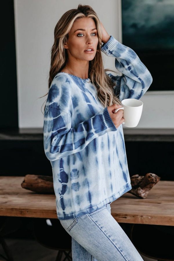 Blue White Tie-dye Print Knit Sweater Fashion