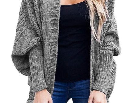 Casual Grey Ribbed Cuffs Dolman Sleeved Cardigan For Sale